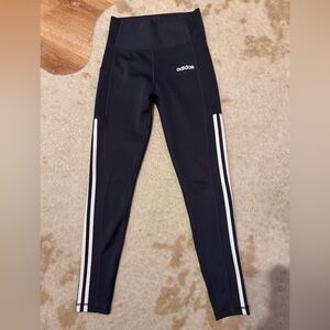 Adidas women’s size small Black Leggings white stripes side pocket GUC Climalite
